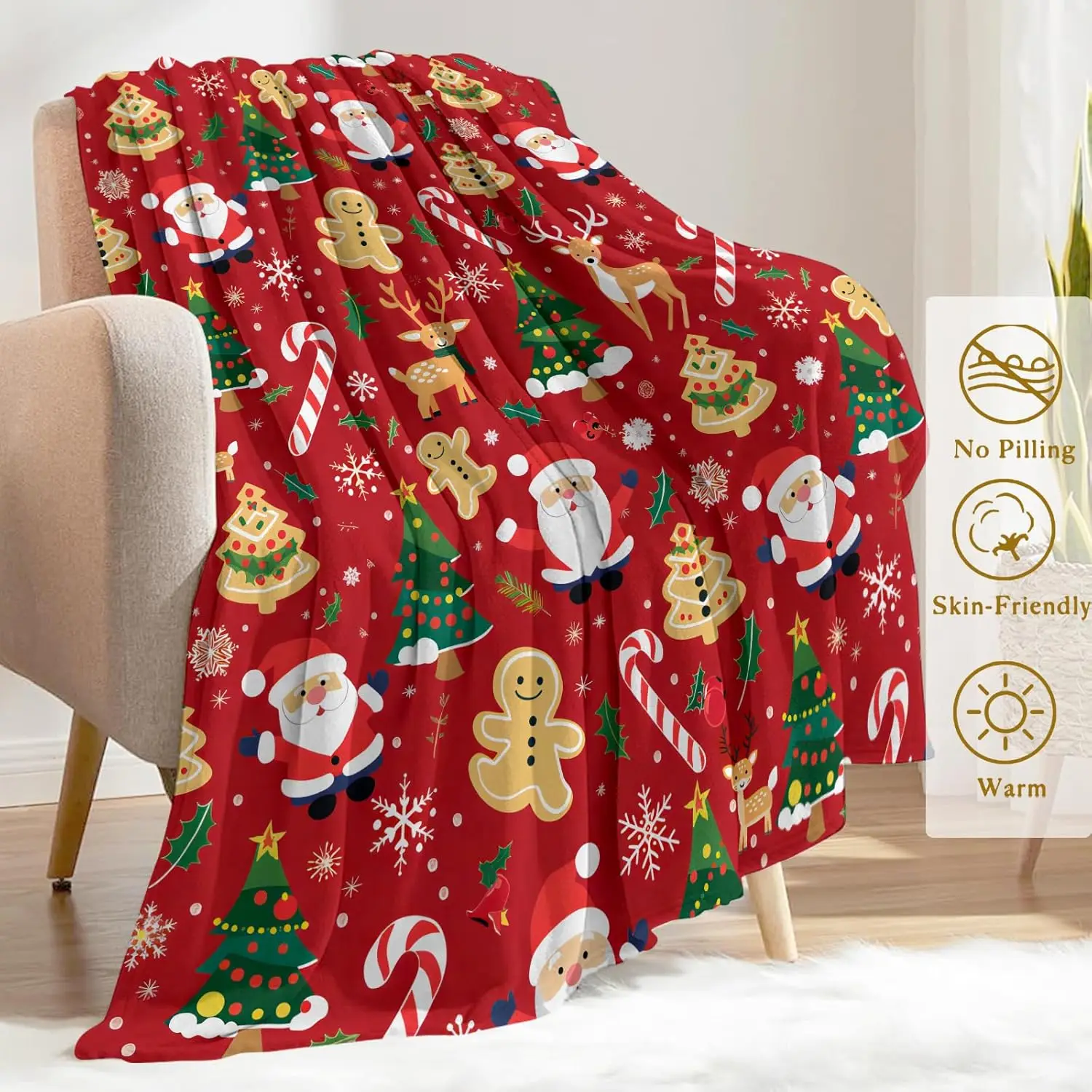 بطانية رمي سانتا الاحتفالية لعيد الميلاد - فائقة النعومة، من الصوف، خفيفة الوزن، الرنة، قصب الحلوى والبطانيات الحمراء لخبز الزنجبيل، لـ Couc
