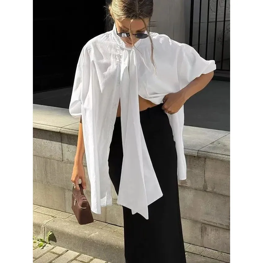 

White Casual Loose Draped Collar Women's irt Cleanfit Sle Synthetic Fabric A-Line Sve ex Winter Collection