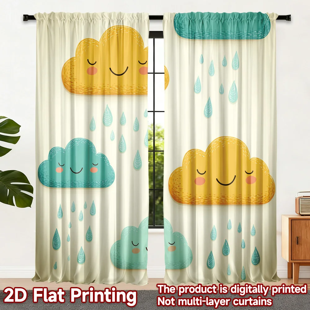 Cute Cartoon Cloud Curtains, Kawaii Rain Drop Print Drapes for Kids Room, Nursery Window Treatment Home Decor