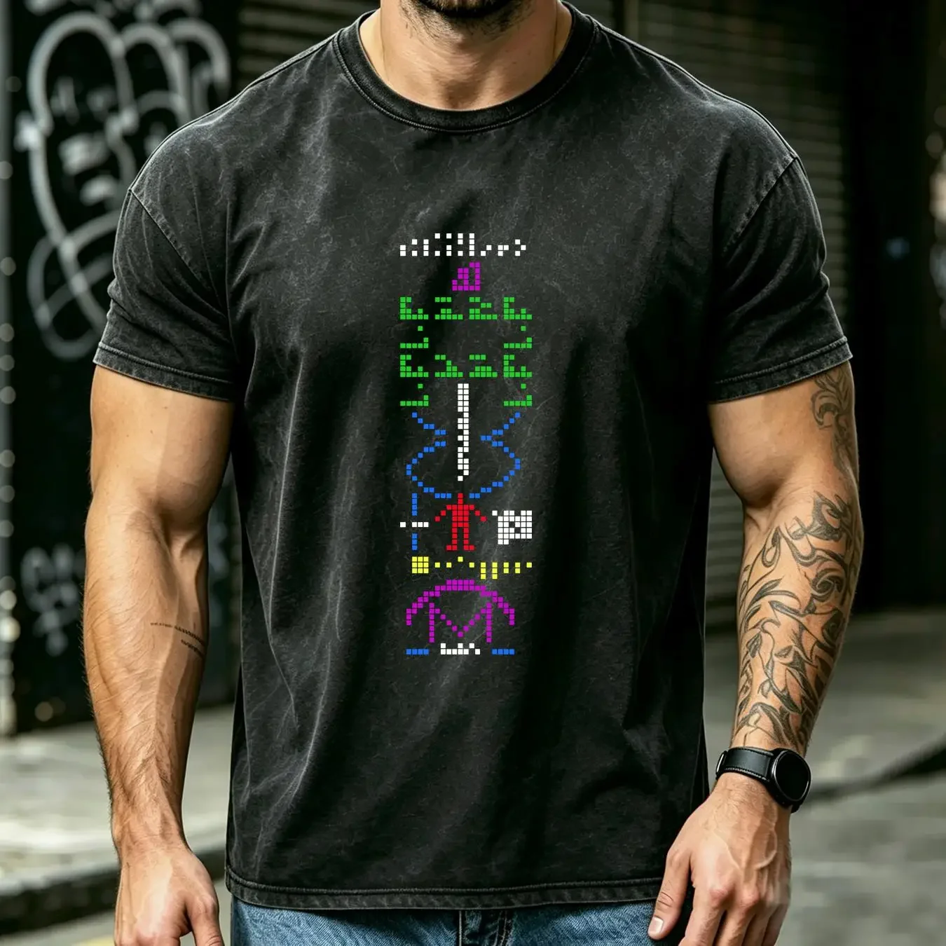washed T Shirt Arecibo Message Interstellar Space Geek Men's Regular Fit Black long or short sleeves vintage Washed Casual