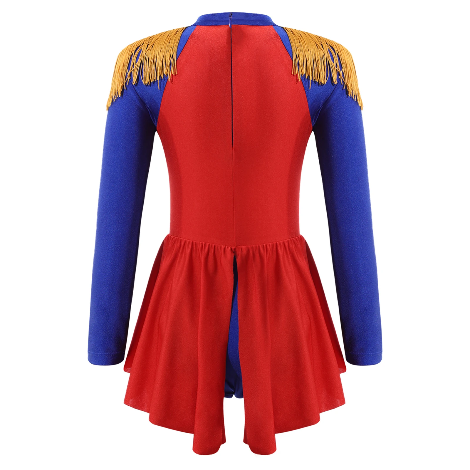 Kids Girls Circus Ringmaster Drum Major Costume Long Sleeve Tassel Epaulet Jumpsuit with Skirt Halloween Cosplay Performance