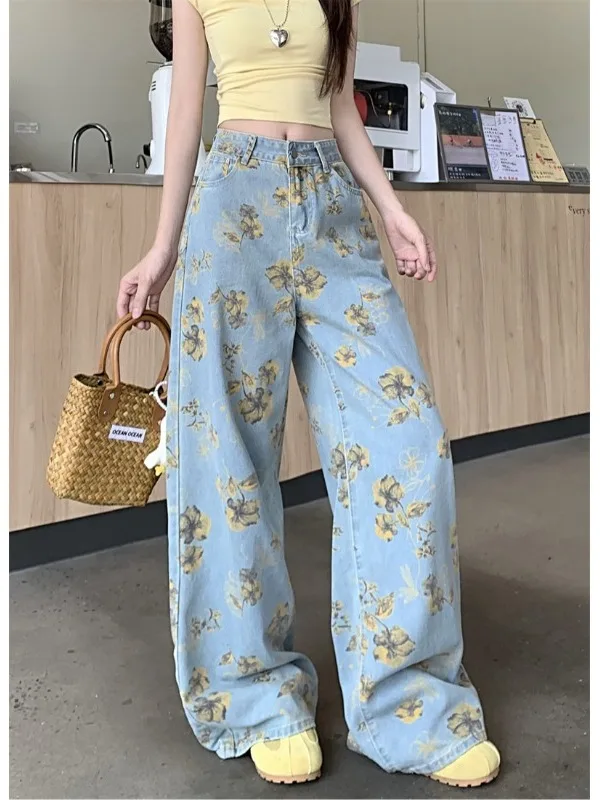 

Slimming High Waist Wide Leg Jeans Women's Casual Thin Print Spring 2026 New Style Loose Fit Versatile Long Pants