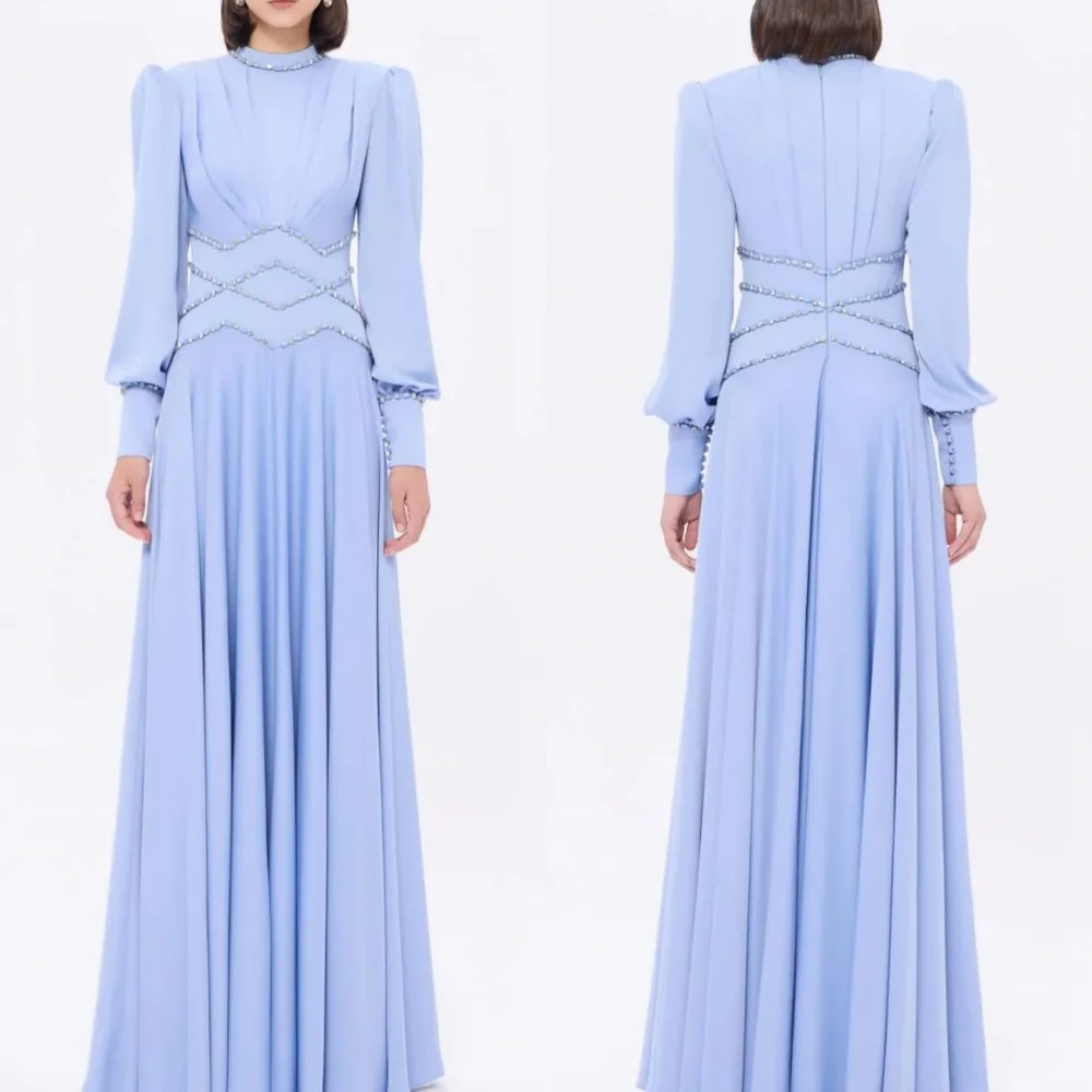 Customized Exquisite Classic Jersey Button Rhinestone A-line High Collar Long Dresses Bespoke Occasion Dresses Sizes Available