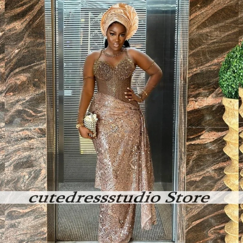 Delicate Halter Mermaid Prom Dress Evening Dresses With See Through Sleeves African Long Beaded Wedding Party Gowns Customized