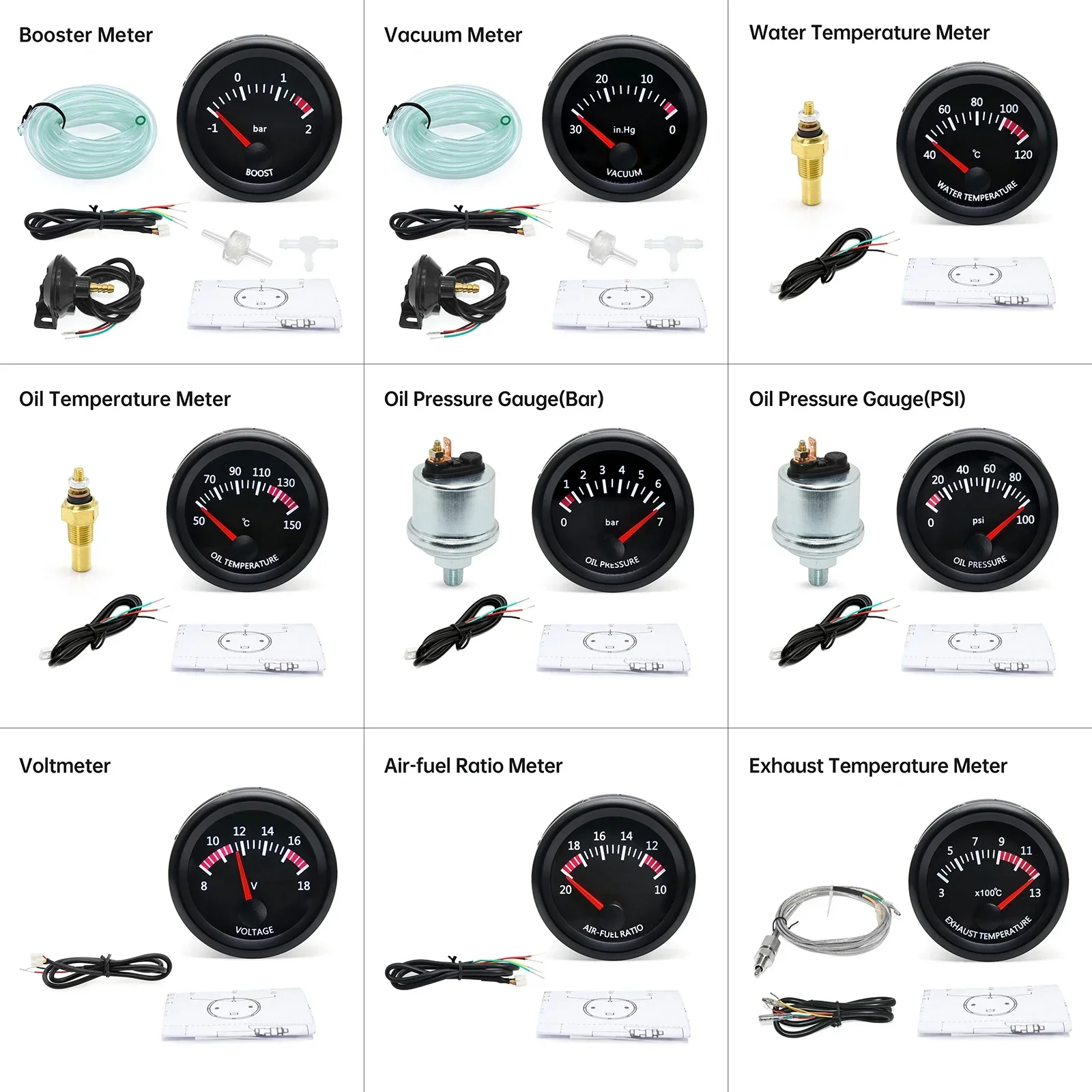 52MM Racing Car Indicator Gauge Water / Oil Temperature Voltmeter Oil Press Meter BAR PSI EGT Vacuum Boost Air Fuel Ratio Gauge - view 2