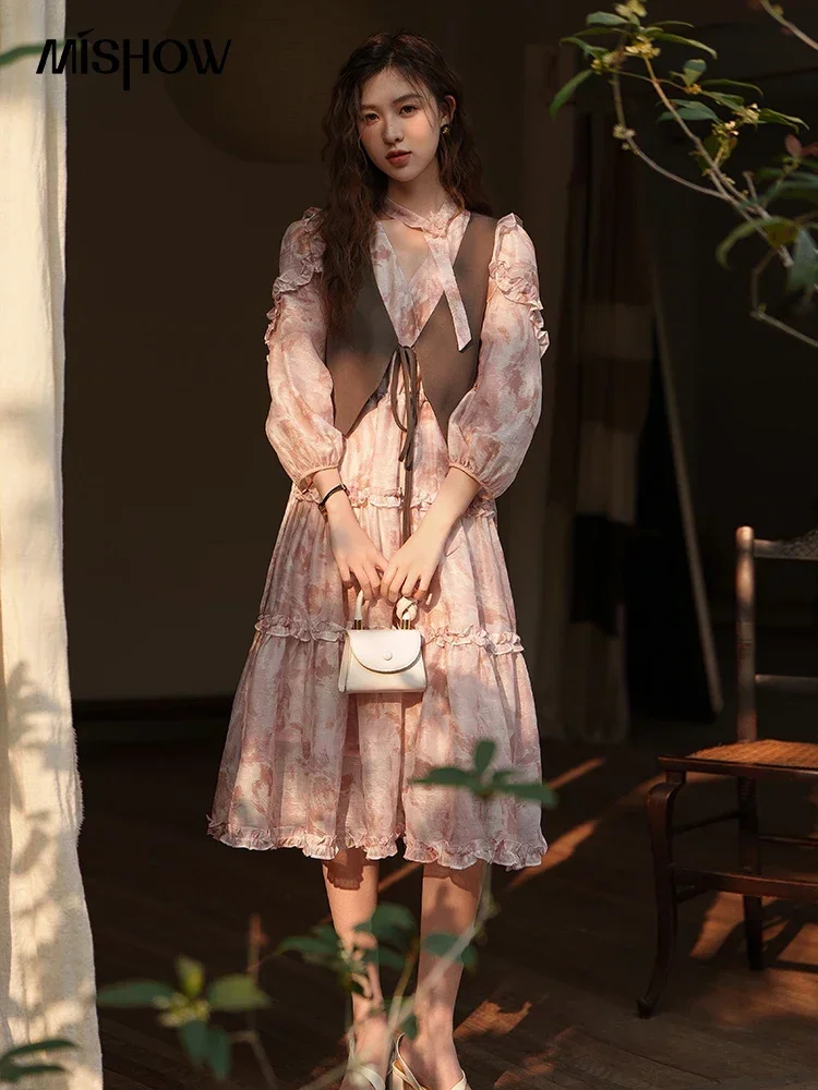 MISHOW Women\'s Floral Dress 2023 Spring/Summer Chiffon Pink V-Neck Three Quarter Edible Tree Fungus Holiday Dresses MXC21L1284