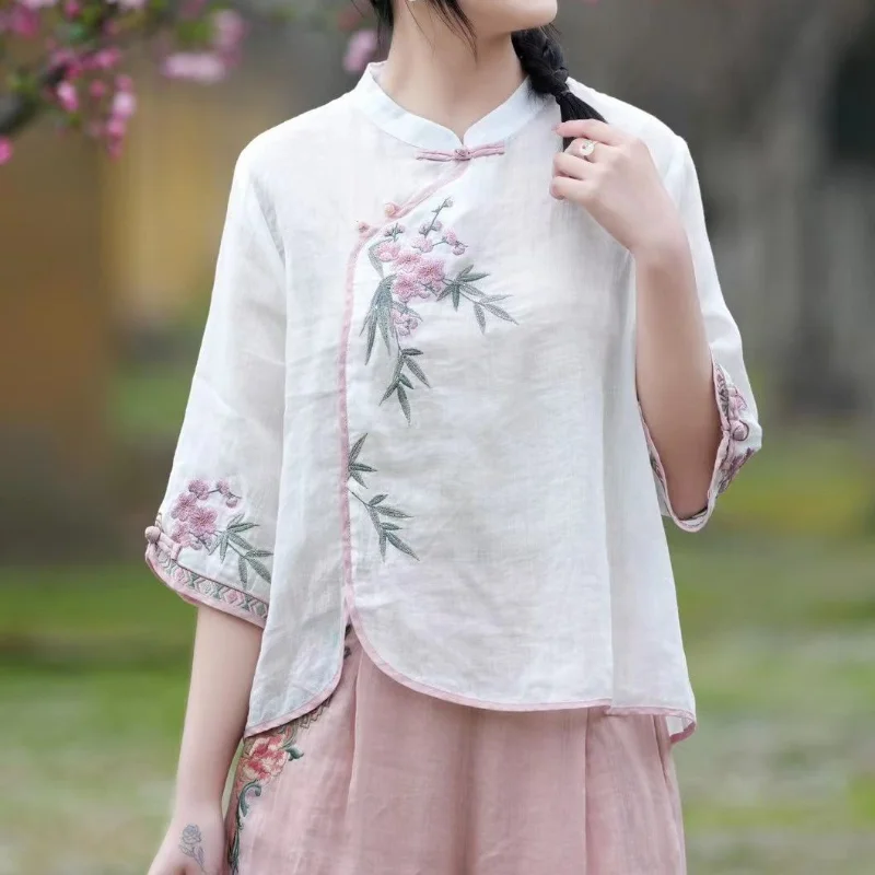 

Women's Vintage Chinese Ethnic Style Shirt Stand Collar Embroidery Elegant Blouse Summer Three Quarter Sleeve Cotton Loose Tops