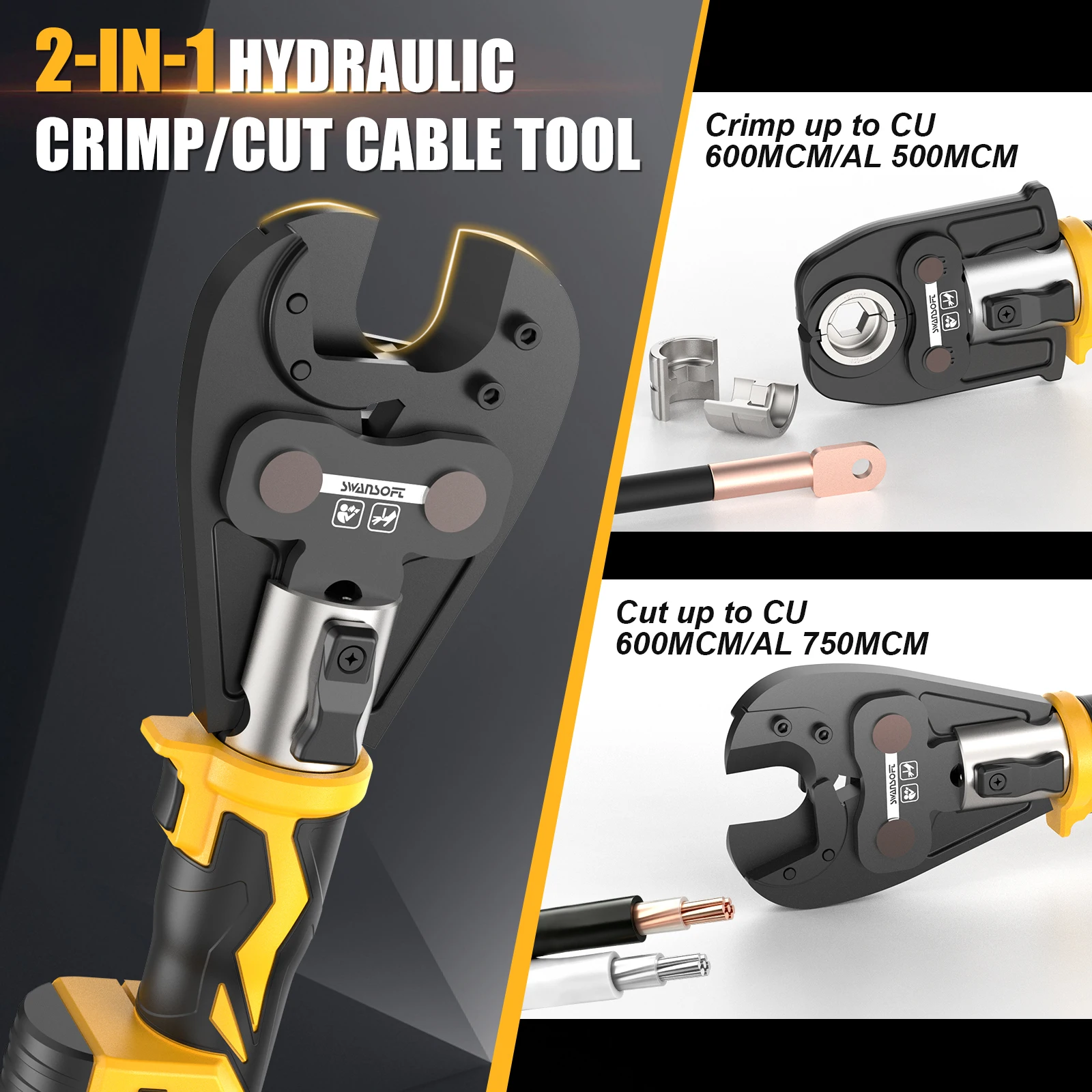 SWANSOFT 2-in-1 Hydraulic Electric Cable Crimping/Cutting Tool 5Ton Battery-Powered Wire Crimper Cutter with 6AWG-600MCM 11 Dies Cordless kit for Cu/Al Terminal lug