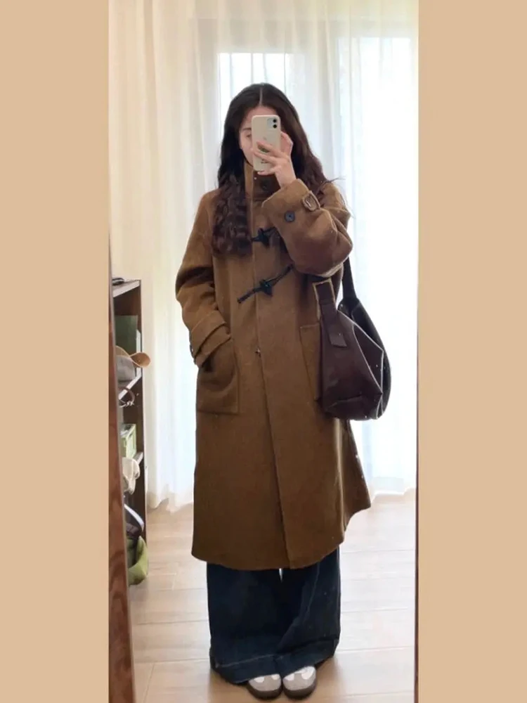 

Корейское ретро-пальто из шерсти с пуговицами, женское, зимнее, новое, свободного кроя, средней длины, из полиэфирного волокна, 100%