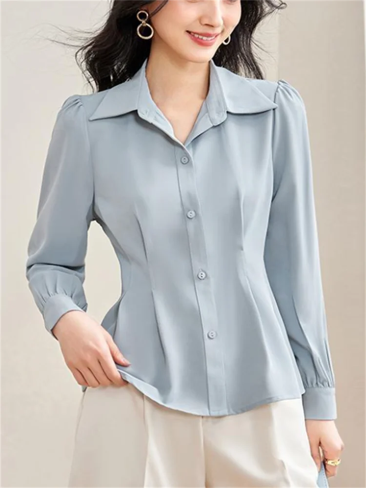 Grace Femme Shirt OL Chiffon Shirt For Women Waist Wrapped Top Laple Long Sleeve Cardigan Blous Button Up Pleated Ladies Blouses