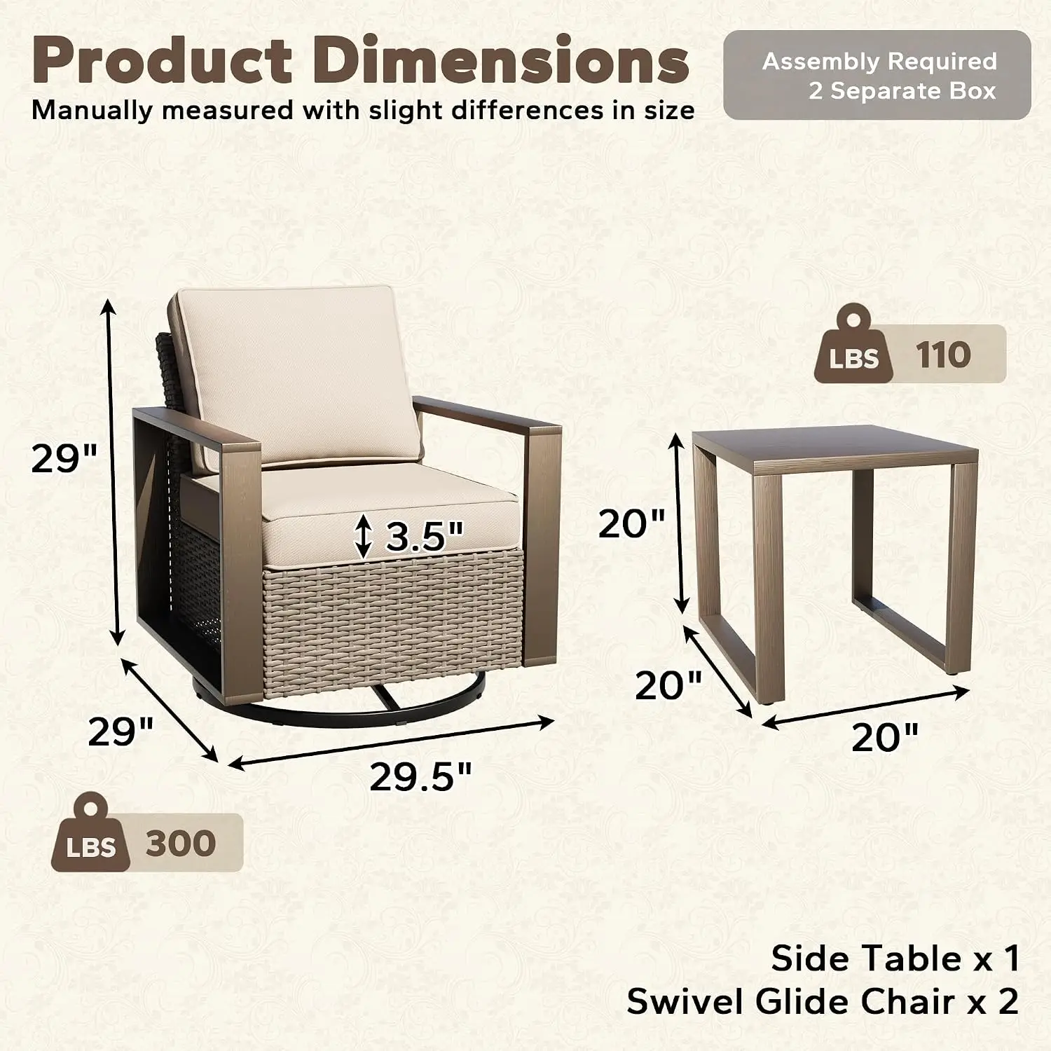 Outdoor Swivel Rocker Metal Chair Set 2 With Coffee Table Patio Bistro Set Wood-Look Armrest 360 Glider Chair Beige, Customized