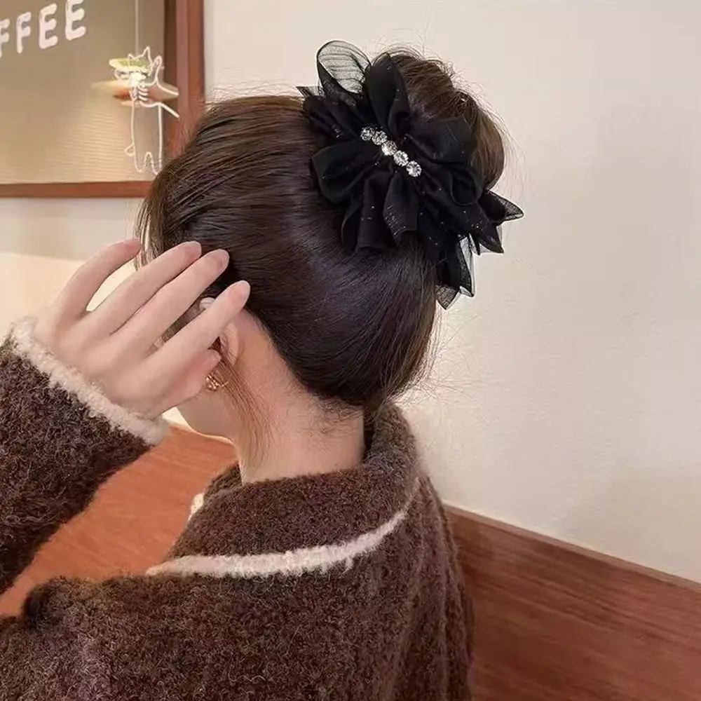 

Качественный материал, коготь для волос, черная сетка, дизайн, зажим в виде акулы, украшение со стразами, плиссированный бант, зажим для укладки волос