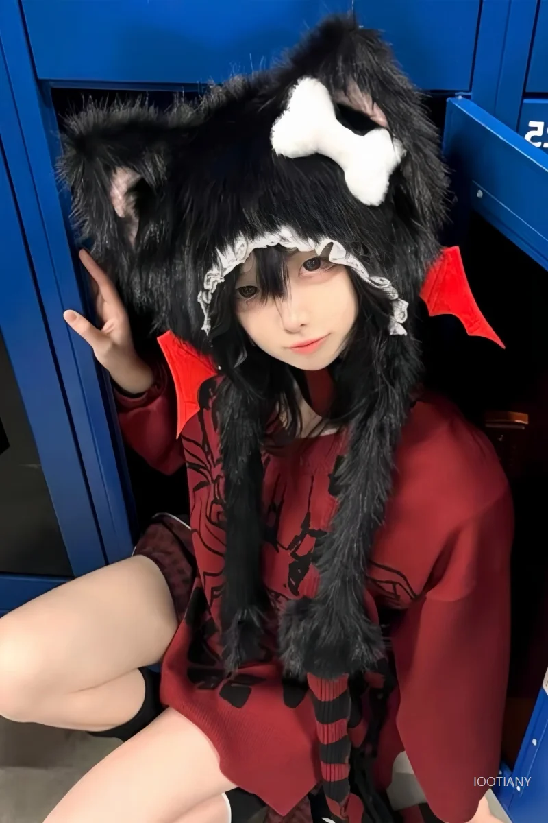 Subcultura punk anjo diabo asas chapéu de malha cosplay lolita gótico escuro y2k menina quente earmuffs acessórios inverno quente gato orelha chapéu