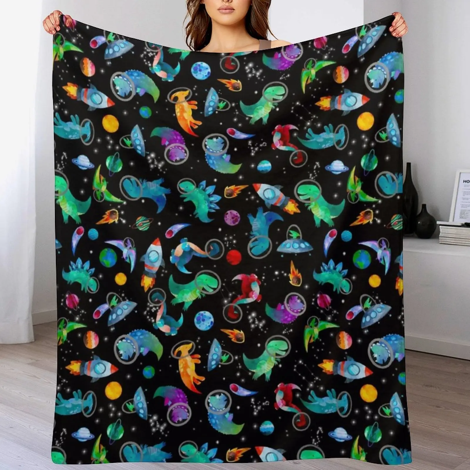 

Watercolor Space Dinosaurs Galaxy Pattern Throw Blanket Luxury Brand Giant Sofa Designers Furrys Blankets