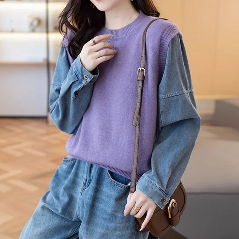 

2025 Women Fashion Round Neck Patchwork Knitted Autumn Lady False Two-piece Sweater Coat Korean Female Long Sleeves Knit Jacket