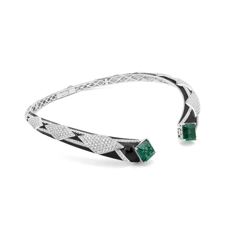 Bellux Torques 925 Silver Gold Plated Synthetic Zircon Charm Black Enamel Emerald Full Diamond Luxury Open Design Necklace