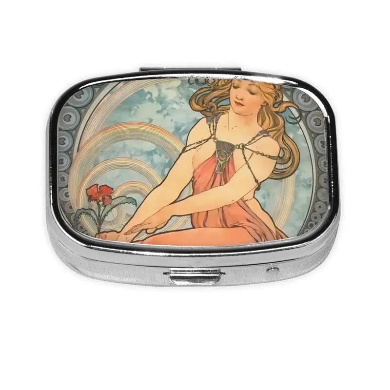 Oil Painting By Alphonse Mucha pill box cell portable pill box pocket or purse decorated with metal medicine vitamin travel