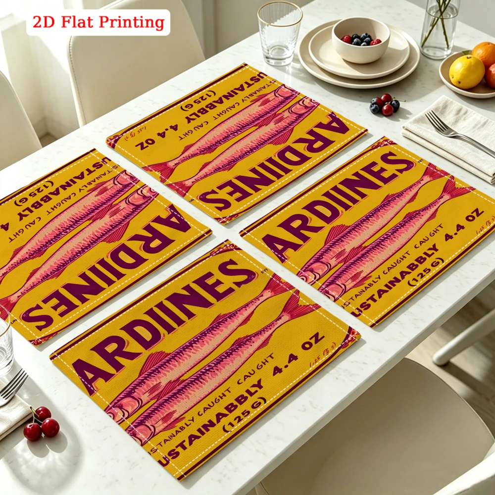 2Pcs Vintage Sardine Can Placemat Yellow Fish Label Print Table Mat Kitchen Dining Decor Non Slip Heat Resistant 30X40Cm
