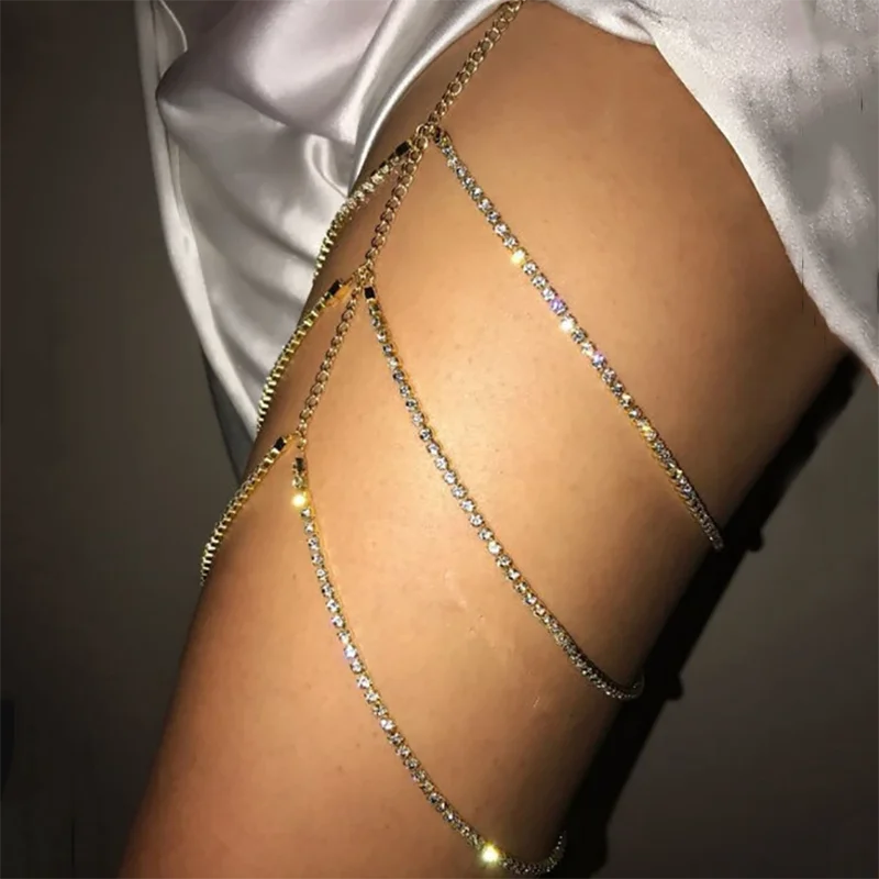 Aihua Sexy Strass Bein Oberschenkel Kette für Frauen Multilayer Glänzenden Kristall Silber Farbe Taille Körper Kette Strand Schmuck Bein Oberschenkel – Detail 3