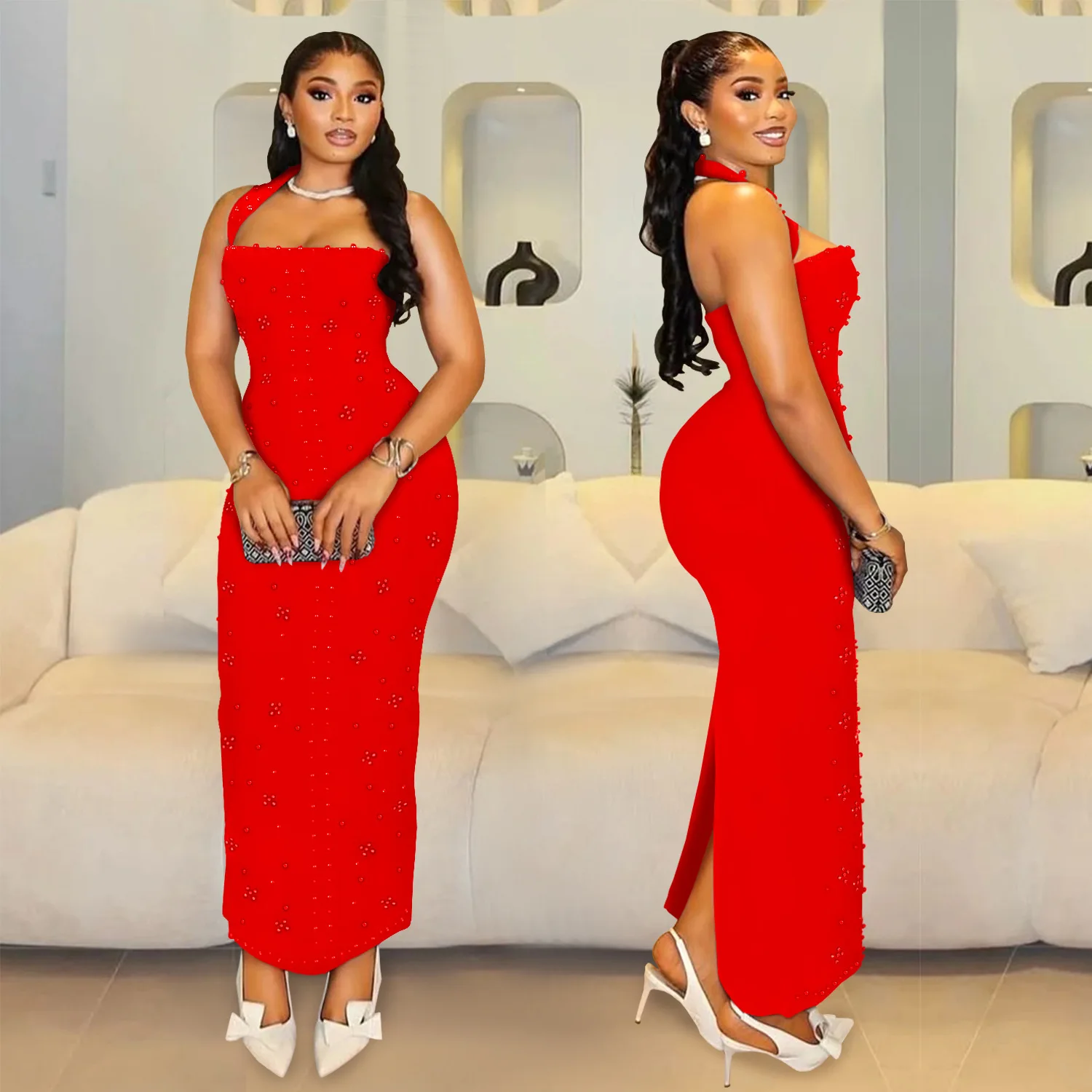 Neuestes 2026 Funkelndes Strass-Perlen Ärmelloses Bodycon Bandage Langes Kleid Damen Abend Club Party Elegante Geburtstagskleider