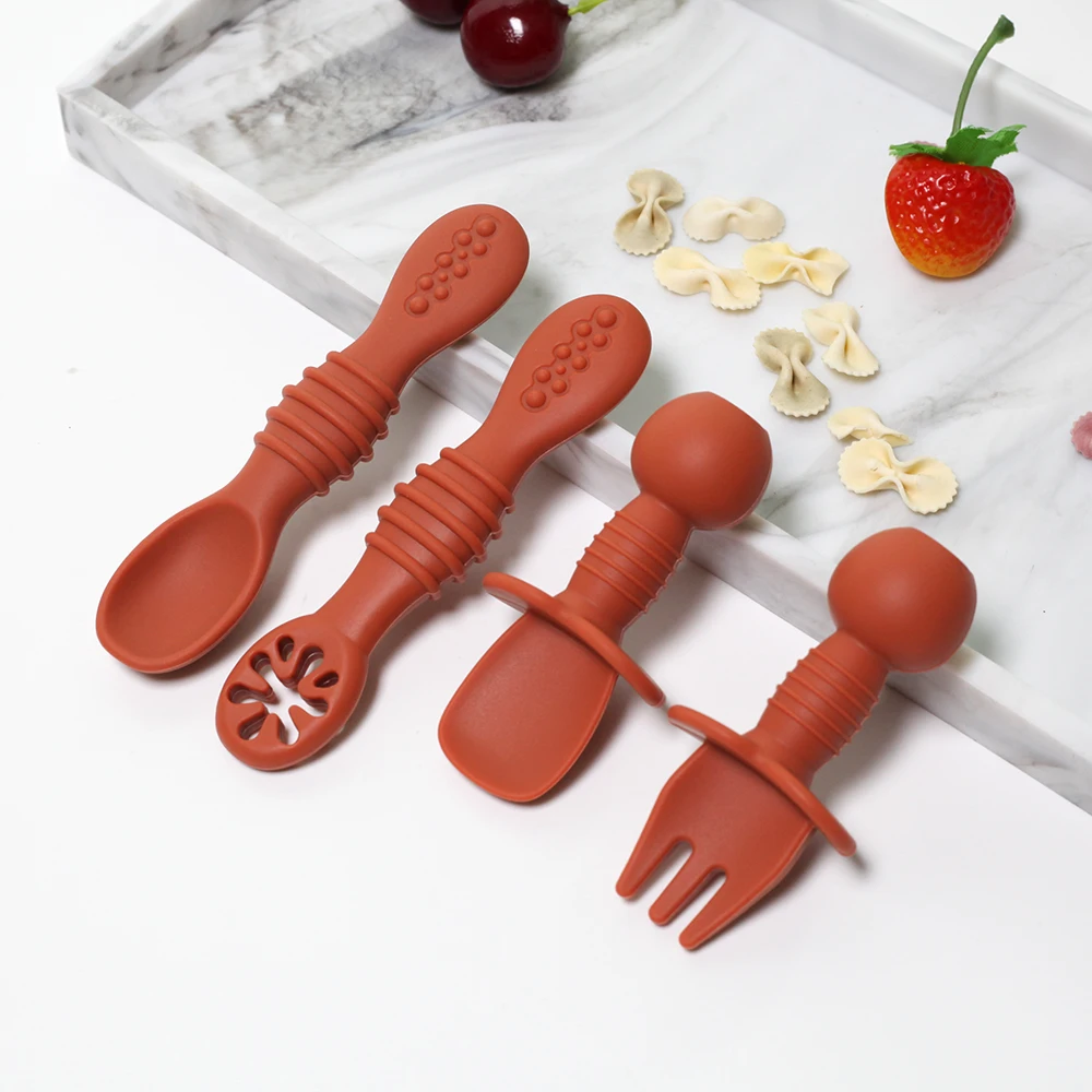 Silicone Food Grade 4pcs Baby Feeding Spoon Set Mini Small Fork and Spoon and Long Spoon Set