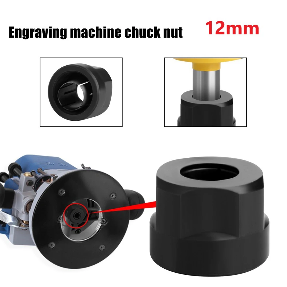 12mm Engraving Machine Chuck Nut 21*27mm Metal Black Collet Nut Electric Router Milling Cutter Accessories Conversion Handle