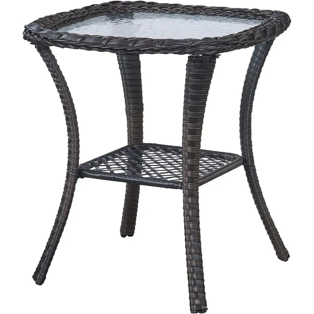 Two-Tier Wicker Outdoor Side Table with 5mm Thick Glass Top, Brown Square Bistro Style