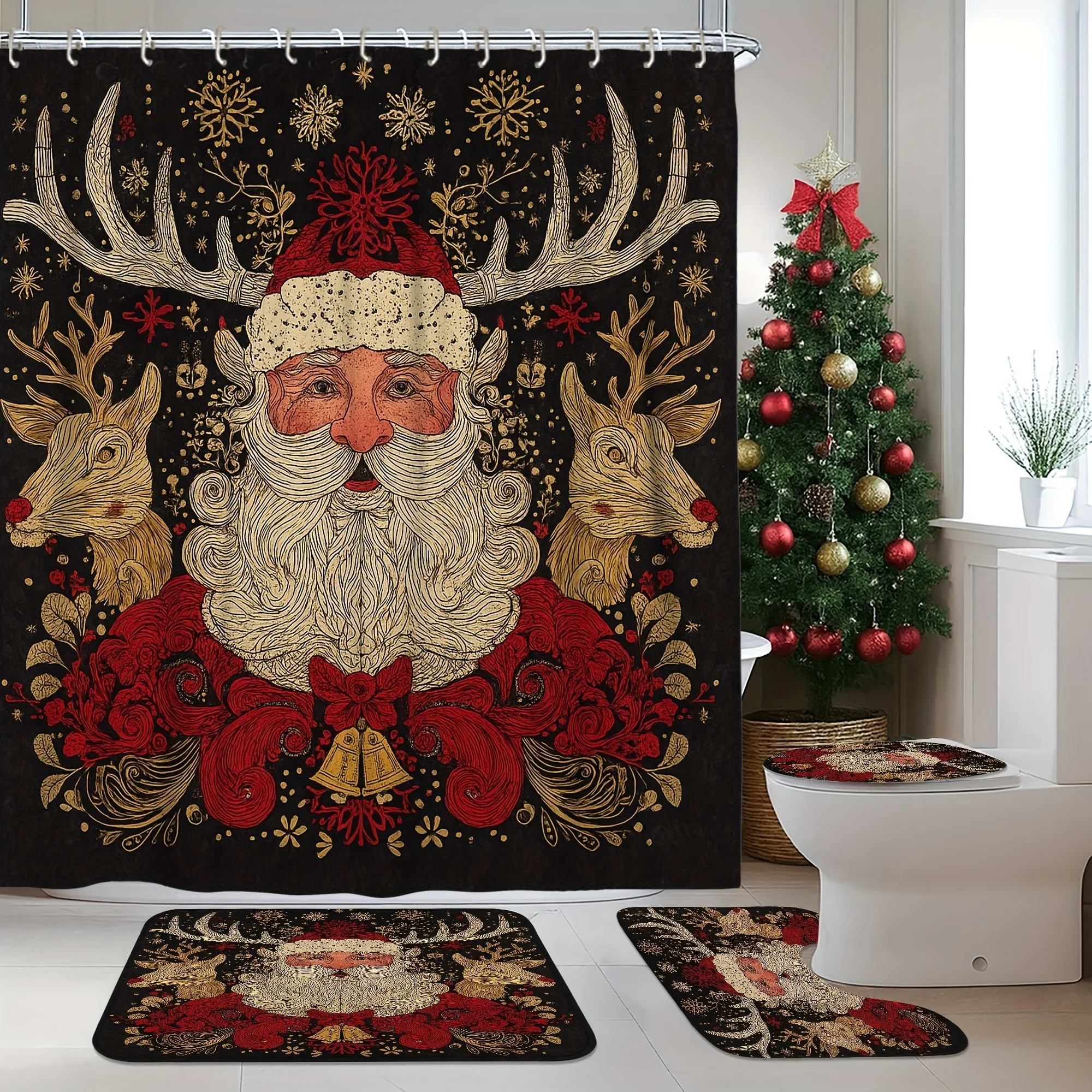 4pcs Santa Claus Shower Curtain Set - Red & Black Christmas Bathroom Decor with Hooks, Festive Modern Polyester Fabric, Machin