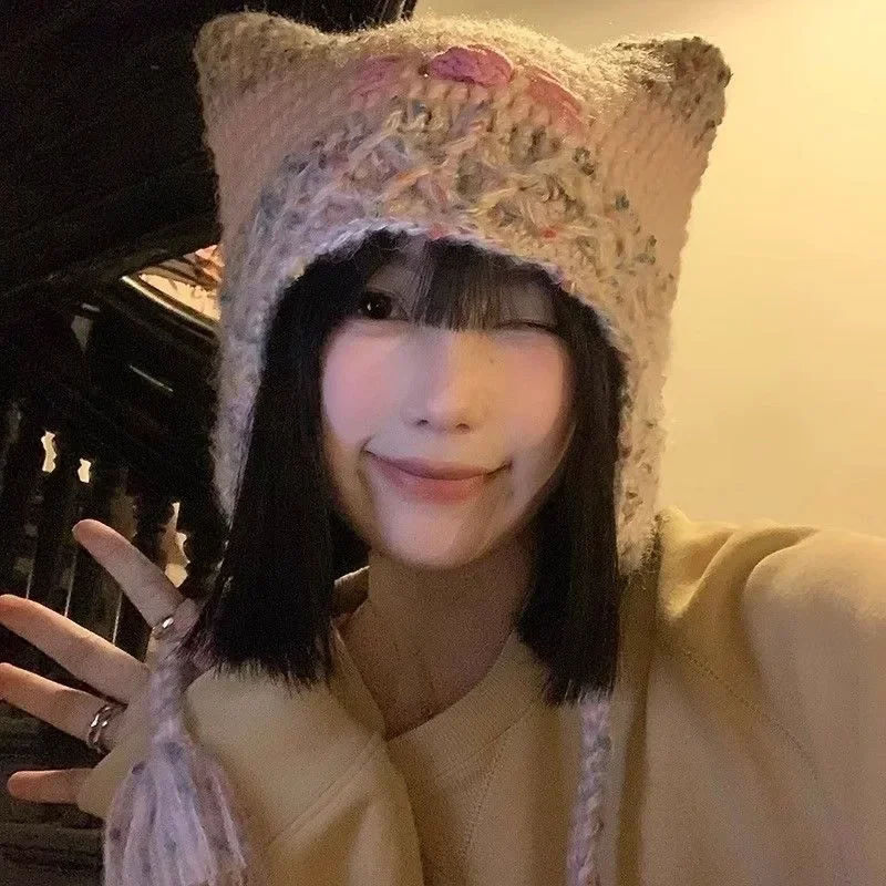 Japan Y2k Cat Ear Plush Winter Hats For Women Lovely Colorfur Star Braid Women Girls Chic White Warm Casual Cap Harajuku Cap