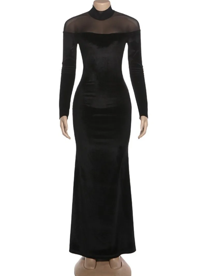 فستان سهرة أسود شبكي مرقع من FDYOUI للنساء أنيق شفاف بأكمام كاملة فساتين طويلة لحفلات الكوكتيل #5