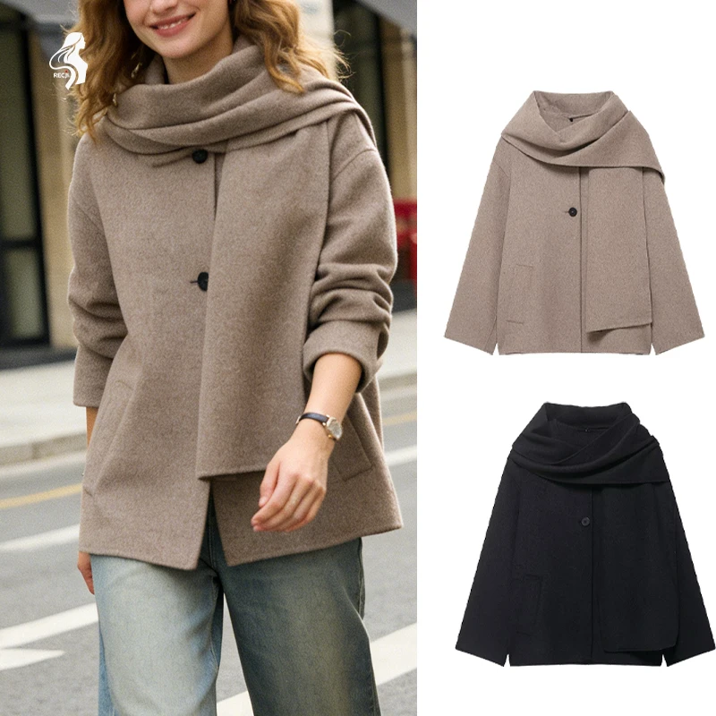 

Women's Wool Blend Coat with Detachable Scarf Collar - Three Colors Available, Elegant Single Button Winter Outerwear