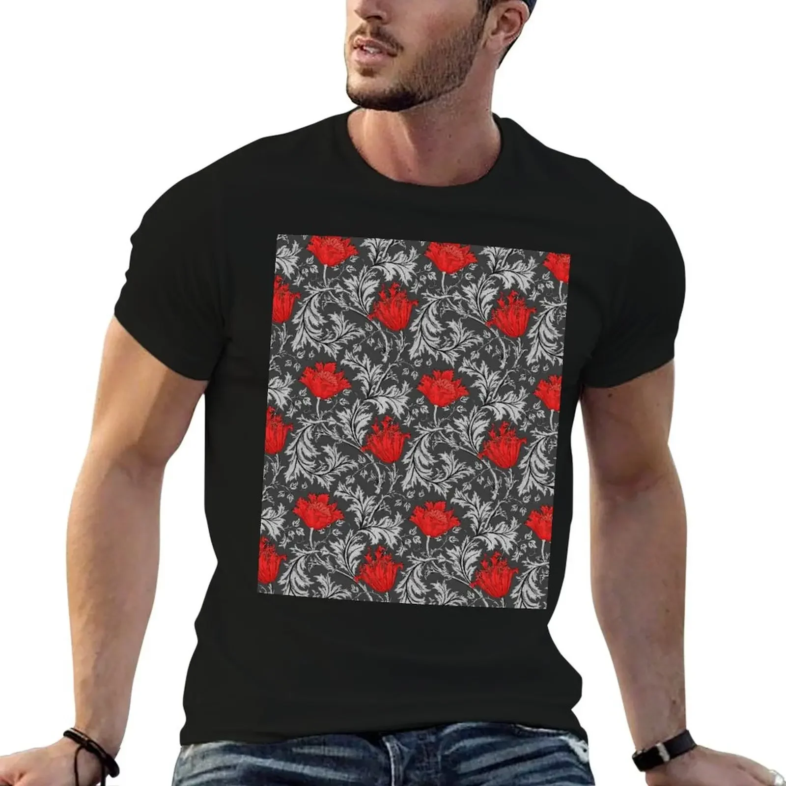 

William Morris Anemone, Gray / Grey and Red T-Shirt anime figures vintage clothes luxury clothes men