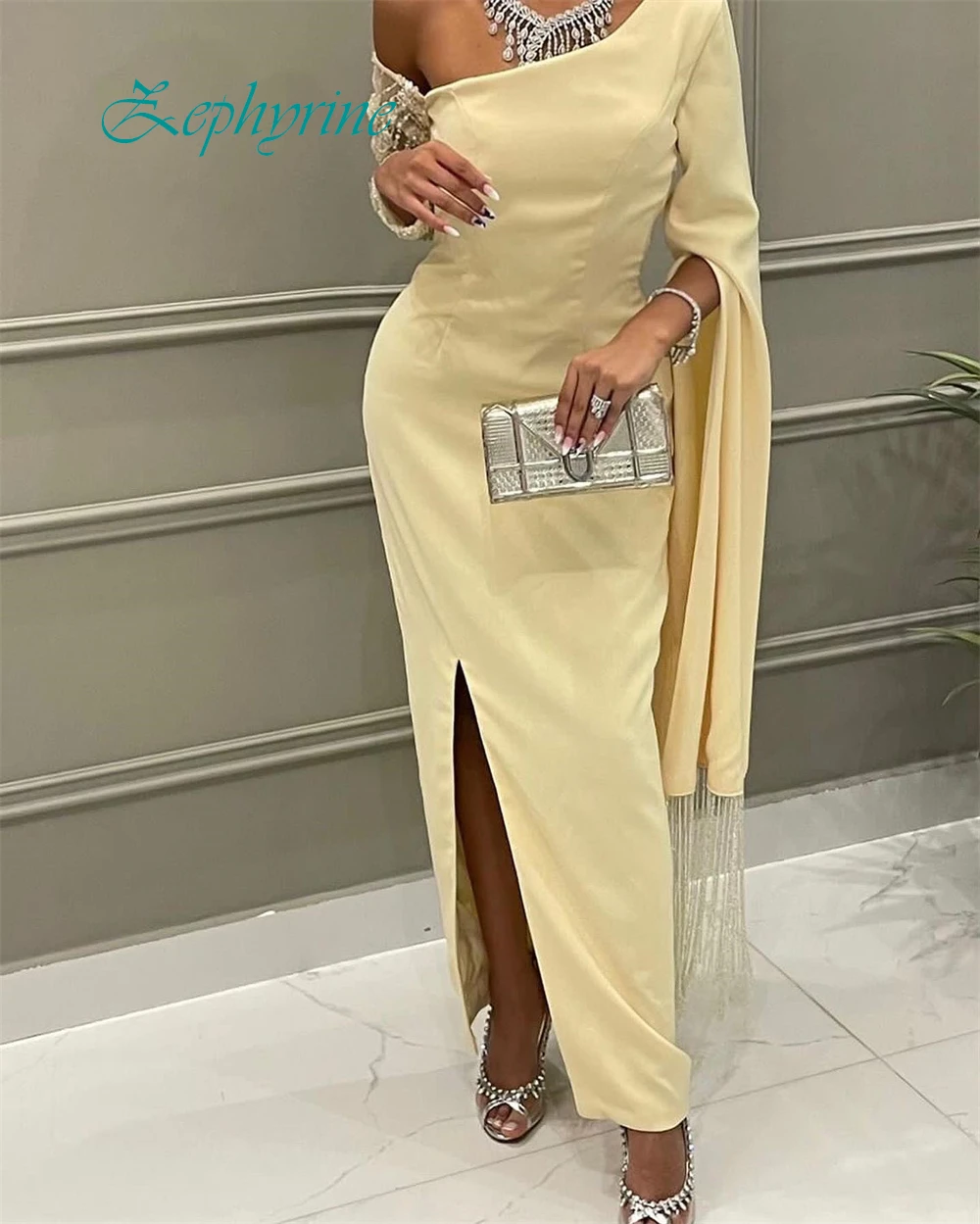 맞춤형 순수 한 어깨 발목 길이 a 라인 이브닝 드레스 패션 새틴 긴 소매 특별 행사 가운 섹시한 드레스