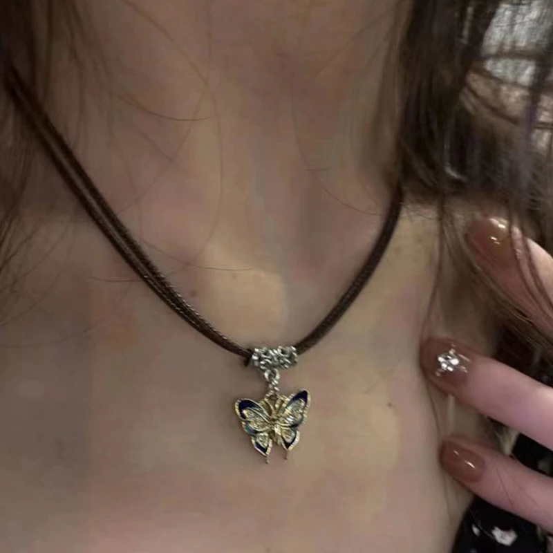 Y2k Vintage Blue Butterfly Pendant Necklace for Women Punk Clothing Beautiful Leather Rope Choker Necklaces Trend Neck Jewelry