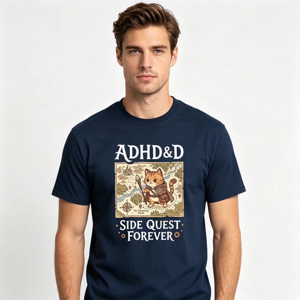ADHD&D Side Quest Forever Cat RPG DND T-Shirt Vintage Fantasy Map Kitten Graphic Tee Short Sleeve Crew Neck Men Tops