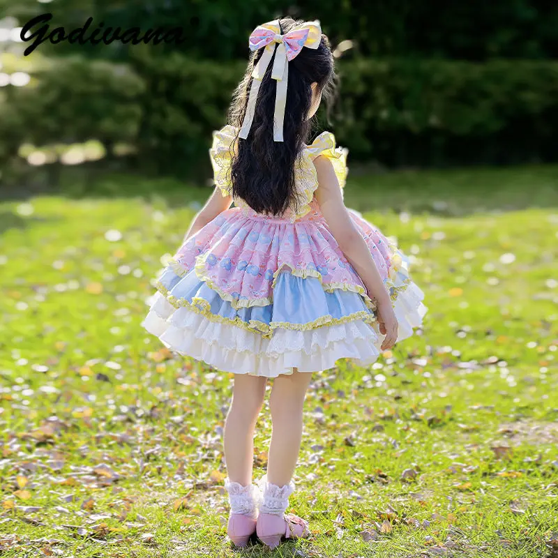 Sweet Baby Girls Heavy Handmade Dopamine Lolita Princess Dress Kids Summer New Sleeveless Lace Bow Print Ruffle Trim Ball Gown