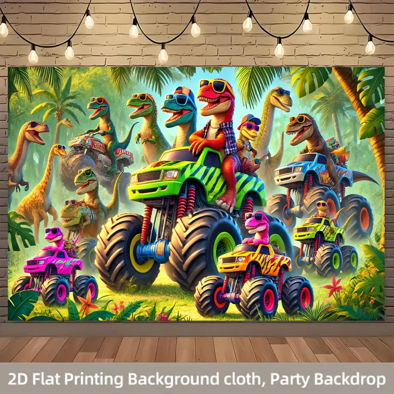 Dinosaur Monster Truck Tapestry, Kids Jungle Adventure Wall Hanging, Colorful Dino Car Room Decor, Fun Cartoon Poster for