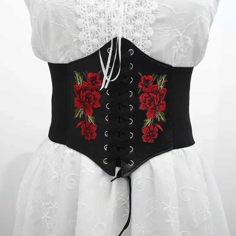 Women Corset Wide Belt PU Flower Embroidery Cummerbunds Slimming Waistband Vintage Belt Suit Dress Shirt Apparel Accessories