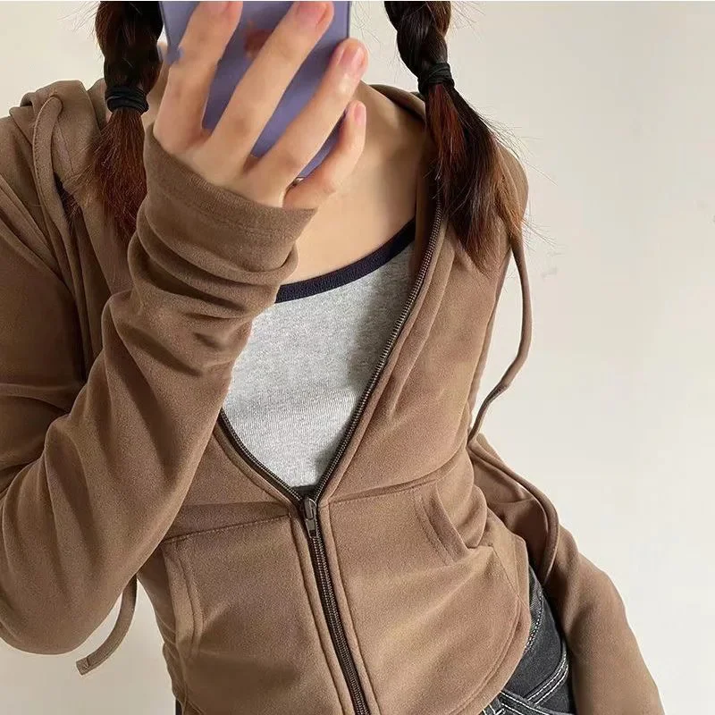 

Hooded Pockets Sweatshirt Women Casual Solid Sports Long Sleeve Hoodies Woman Autumn Slim Zipper Cropped Coat Kpop Clothes