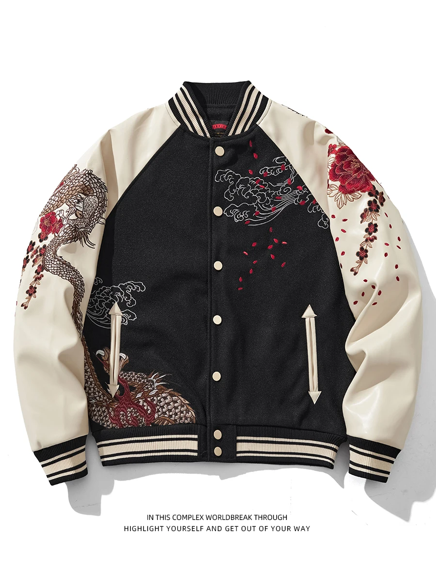 

SUKAJAN Horizontal Yokohama Tee Dragon Embroidery PU Leather Sve Jaet Coat ex Baseball Sle Spring Autumn