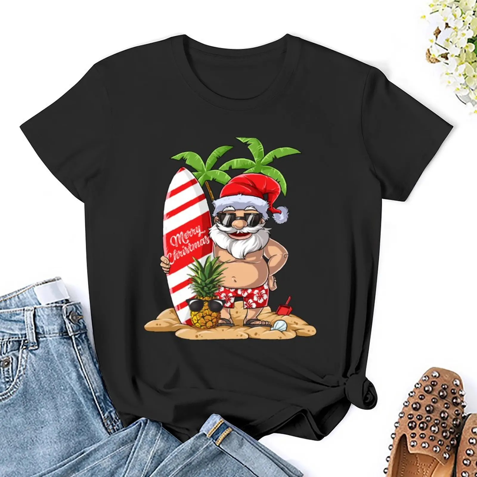 Camiseta Hawaiana de Papá Noel para surfear, camiseta Hawaiana de Surf de Navidad, ropa para mujer, ropa gráfica para mujer, ropa de primavera 2024