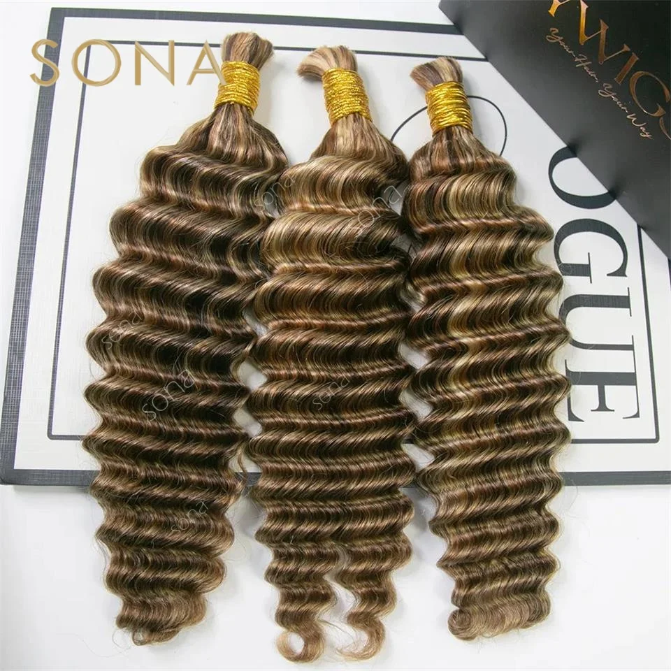 Mèches blondes brunes # Mélange de couleurs miel 4/27/30/613, cheveux humains ondulés profonds pour tresses, extensions de cheveux en paquets, 1/2/3 pièces