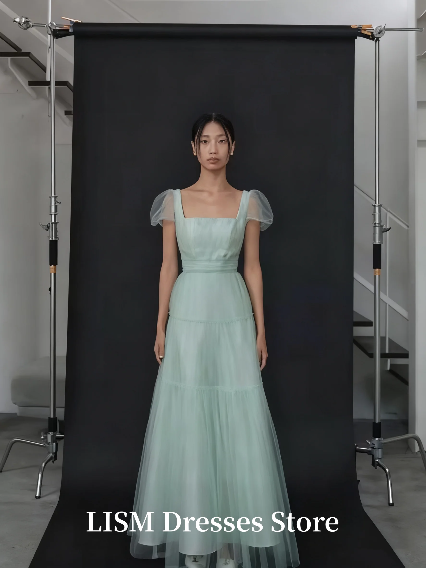 Lism hortelã verde coreia vestidos de noite sessão de fotos gola quadrada tule macio lindos vestidos de baile personalizados ”. espartilhos