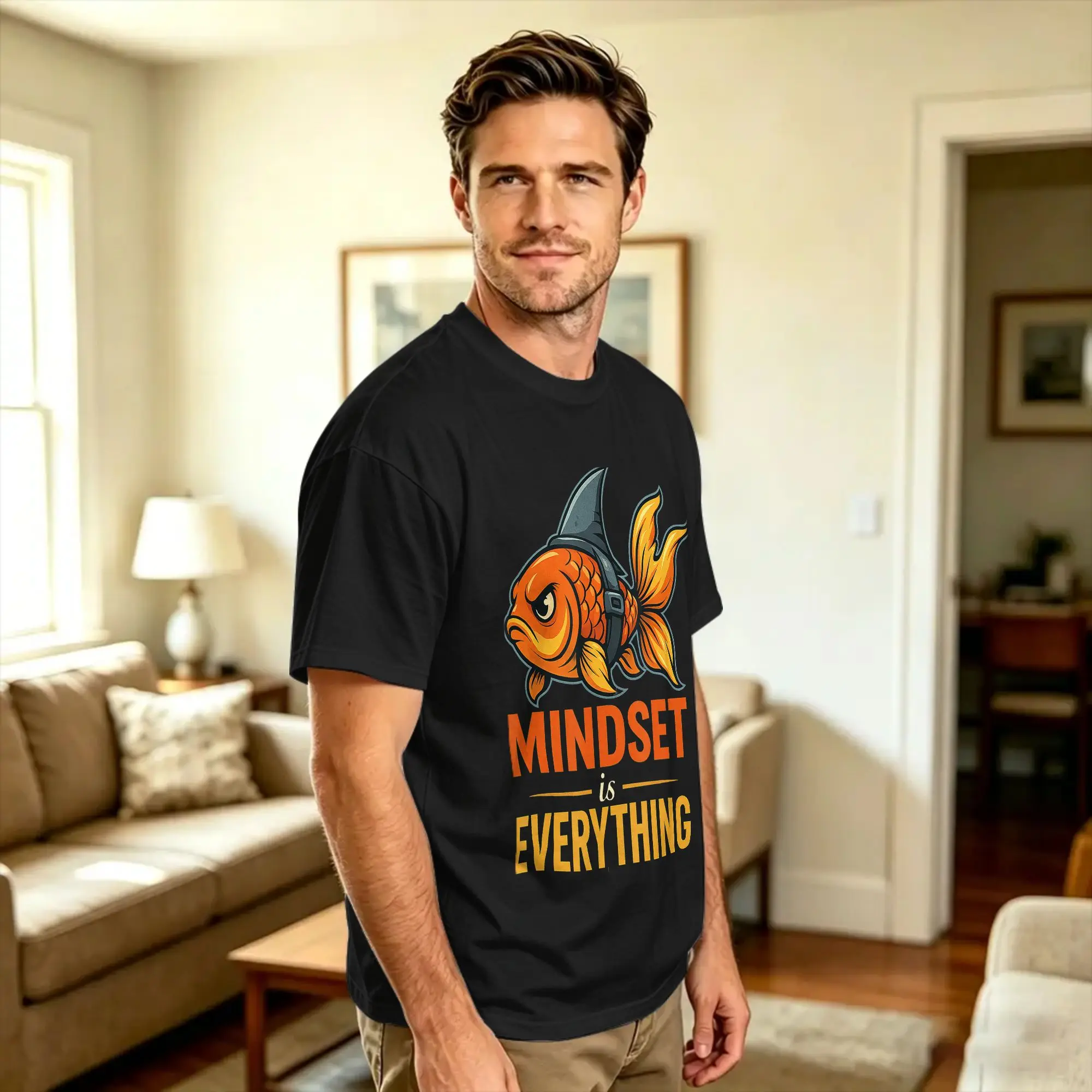 Men's Mindset is Everything Fish with Shark Fin Graphic T-Shirts 100% Cotton Top Tees Summer Vintage Short-Sleeve T-Shirt O Neck