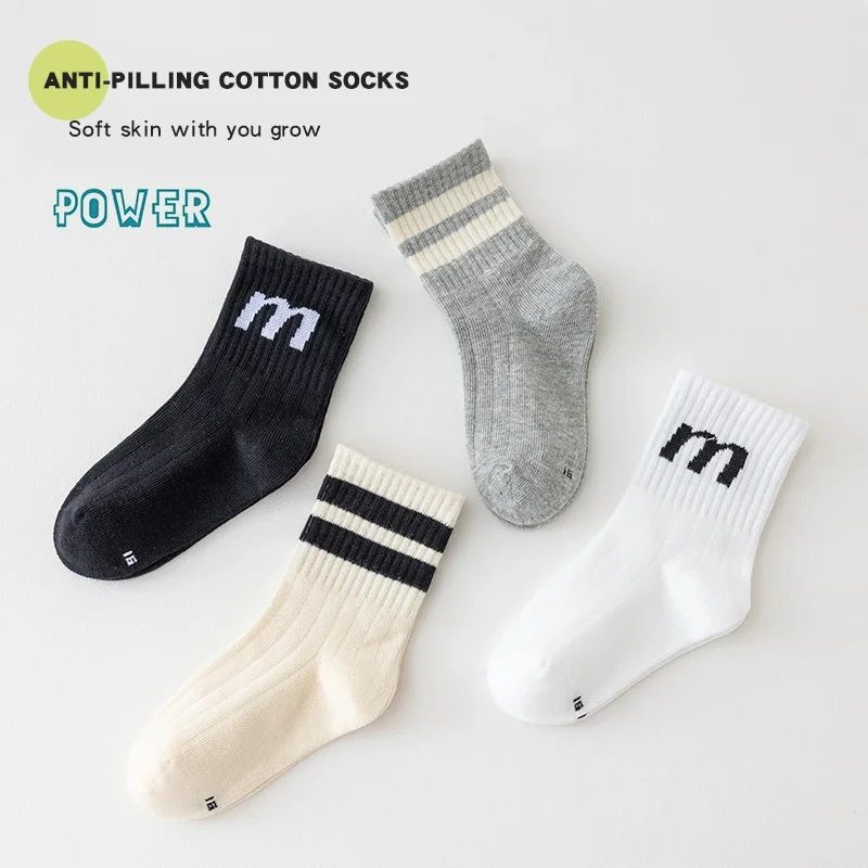 

Kids Cotton Solid Letter Sports Boys Socks 4 Pairs Combed Striped Cute Trendy Comfortable Md-calf Socks for Children Boys Girls