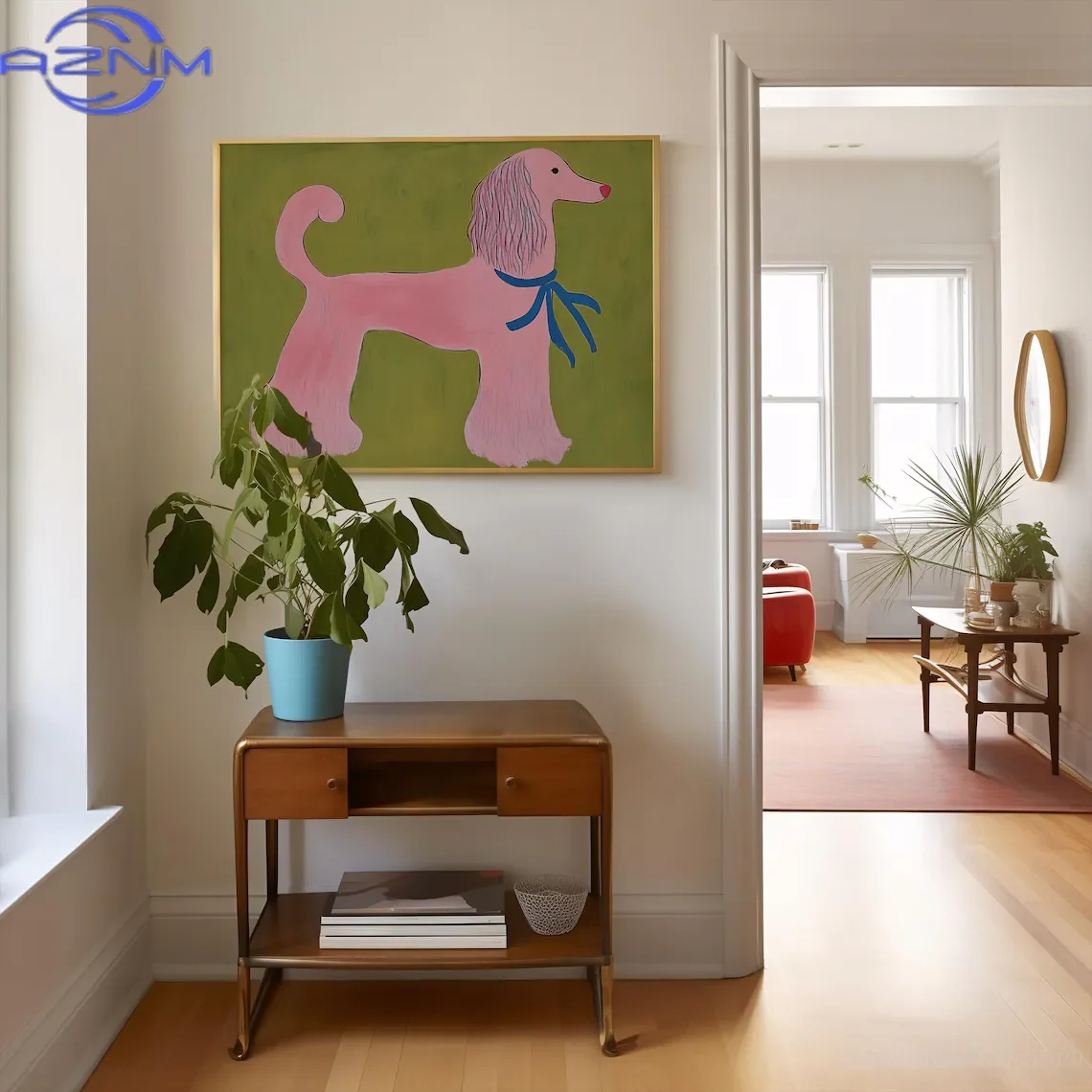 AZNM Pink Poodle Wall Art Print, Whimsical Animal Illustration, Playful Mid Century Modern Pet Decor, Colorful Digital Download