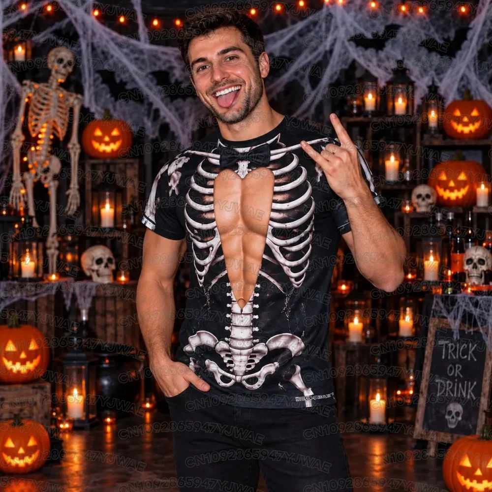 Sommerliches Skelett-Cosplay-Kostüm für Damen und Herren, gruseliges Party-Outfit, 3D-Knochengrafik, Fake-Brust, Halloween-Party-Kostüm, Paar-T-Shirt – Detail 3