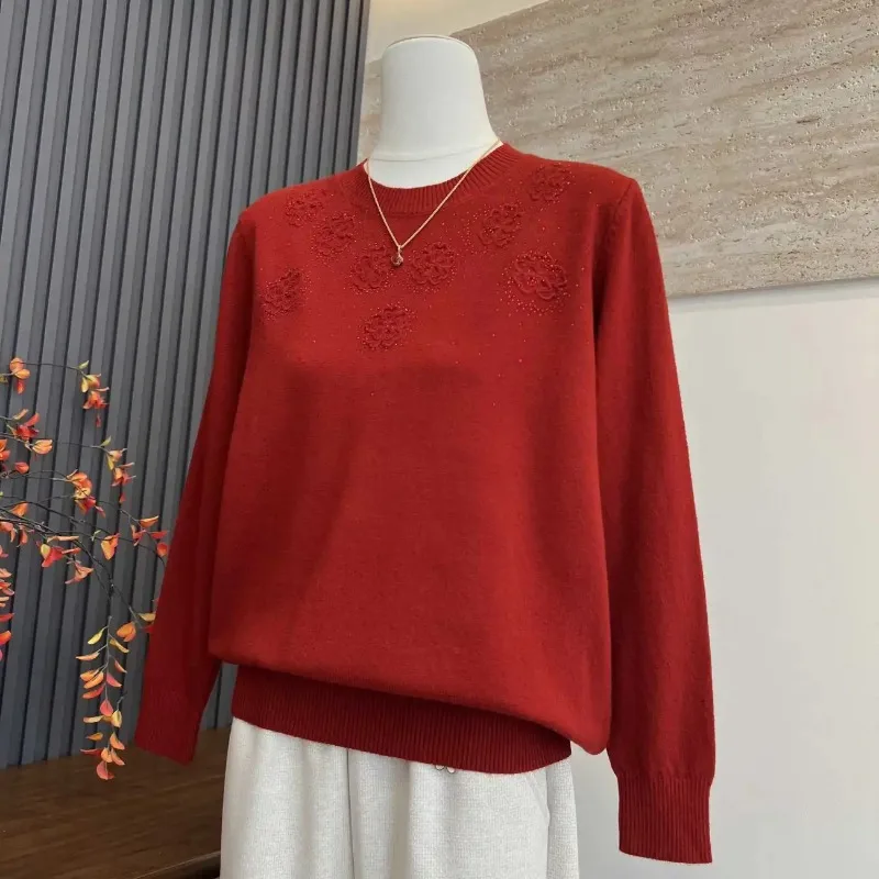 Women Round Neck Long Sleeve Rhinestone Floral Top Middle Aged Ladies Slim Fit Versatile Pullover