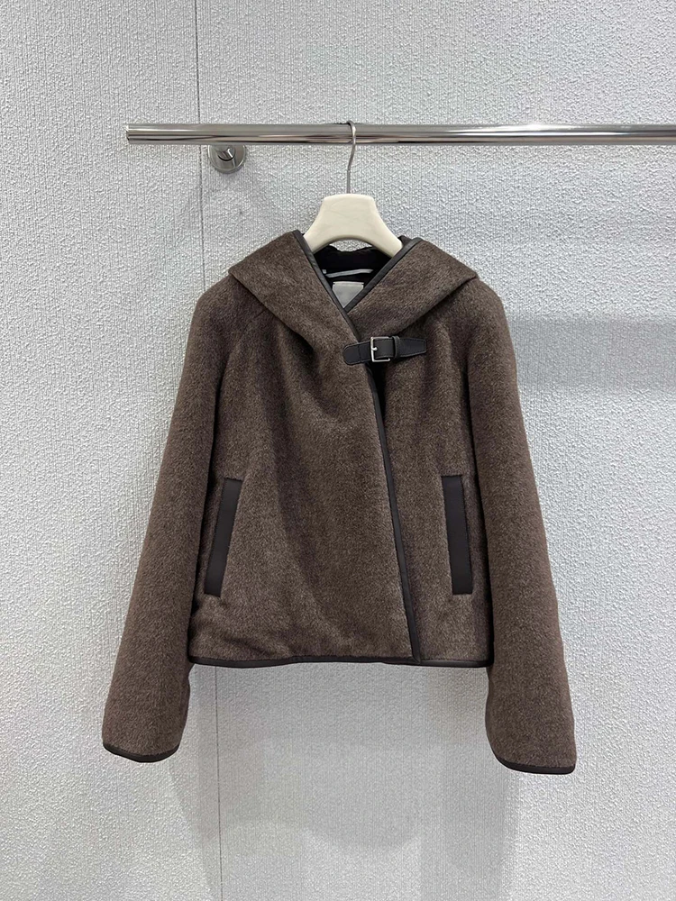 

SVORYXIU 2022, осенние новые повседневные шерстяные женские модные коричневые свободные куртки из натуральной кожи с капюшоном, пальто