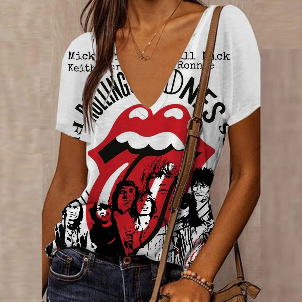 Women\'s Retro V-neck T-shirt Women\'s Sexy Lip T-shirt Basic Short Sleeve T-shirt Underwear Style T-shirt Sexy Street T-shirt